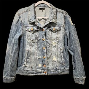See Thru Soul Distressed Denim Blue Jean Jacket, Button Up, Size Small, Pockets
